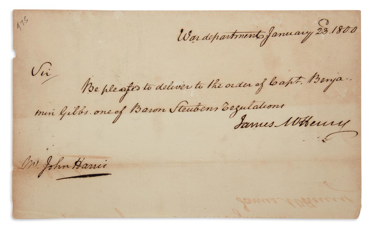 JAMES MCHENRY. Brief Letter Signed, to John Harris: Be pleased to deliver to the order of Capt. Benjamin Gibbs...
